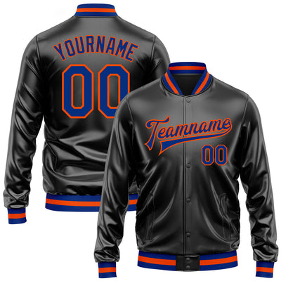Custom Black Royal-Orange Bomber Full-Snap Varsity Faux Leather Letterman Jacket