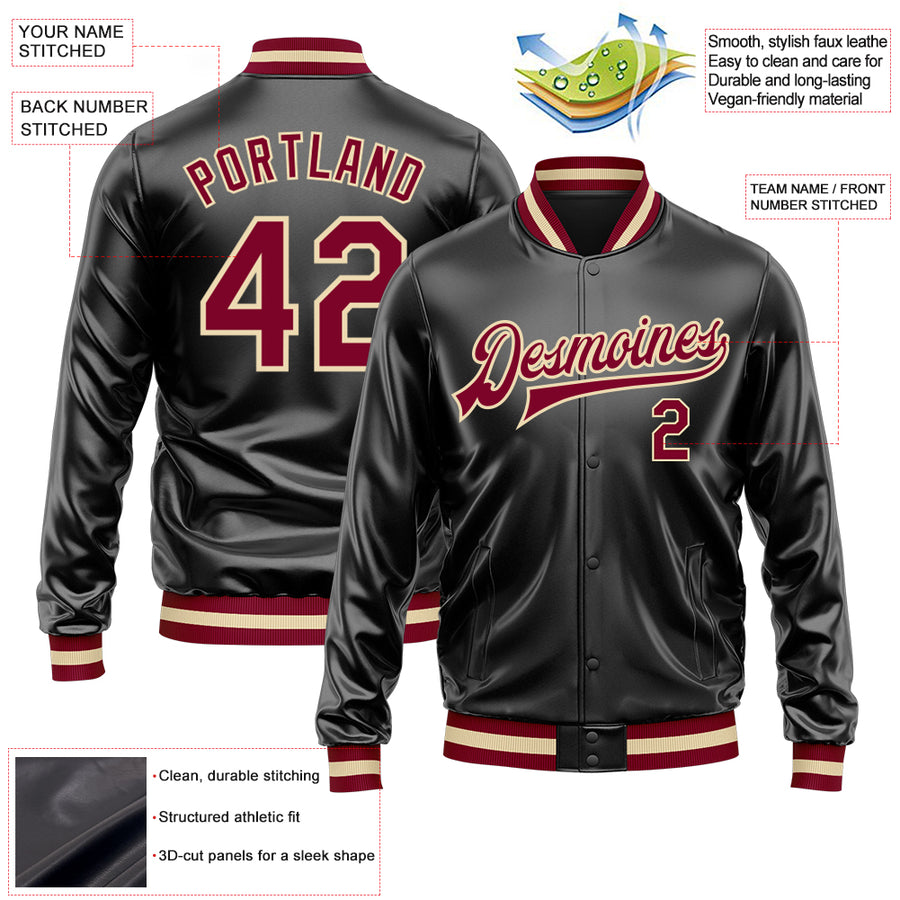 Custom Black Maroon-Cream Bomber Full-Snap Varsity Faux Leather Letterman Jacket