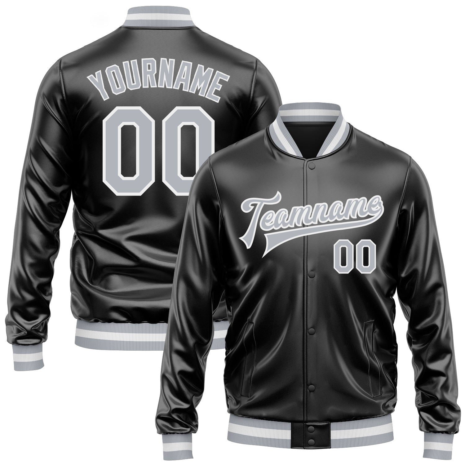 Custom Black Gray-White Bomber Full-Snap Varsity Faux Leather Letterman Jacket