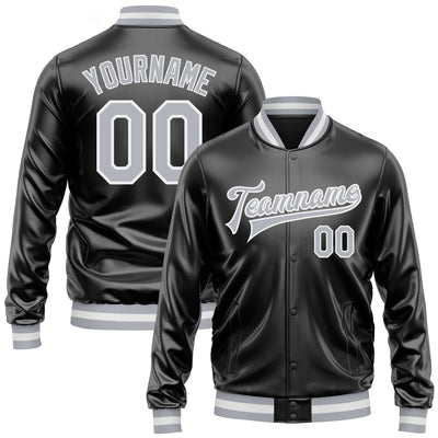 Custom Black Gray-White Bomber Full-Snap Varsity Faux Leather Letterman Jacket