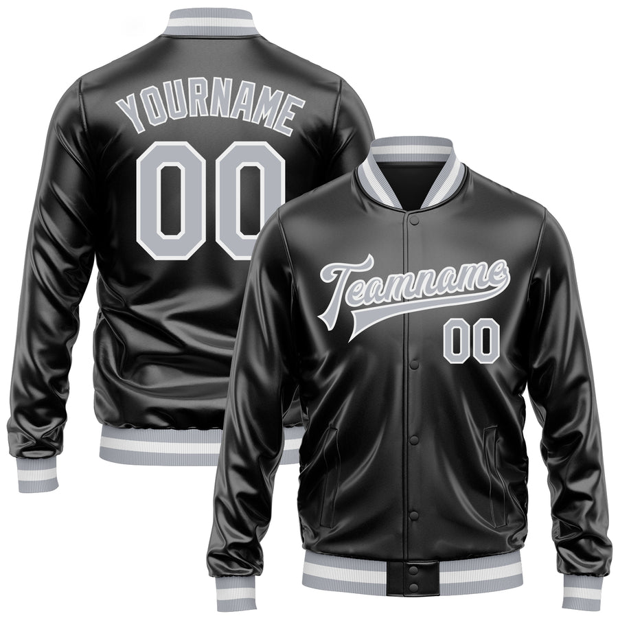 Custom Black Gray-White Bomber Full-Snap Varsity Faux Leather Letterman Jacket
