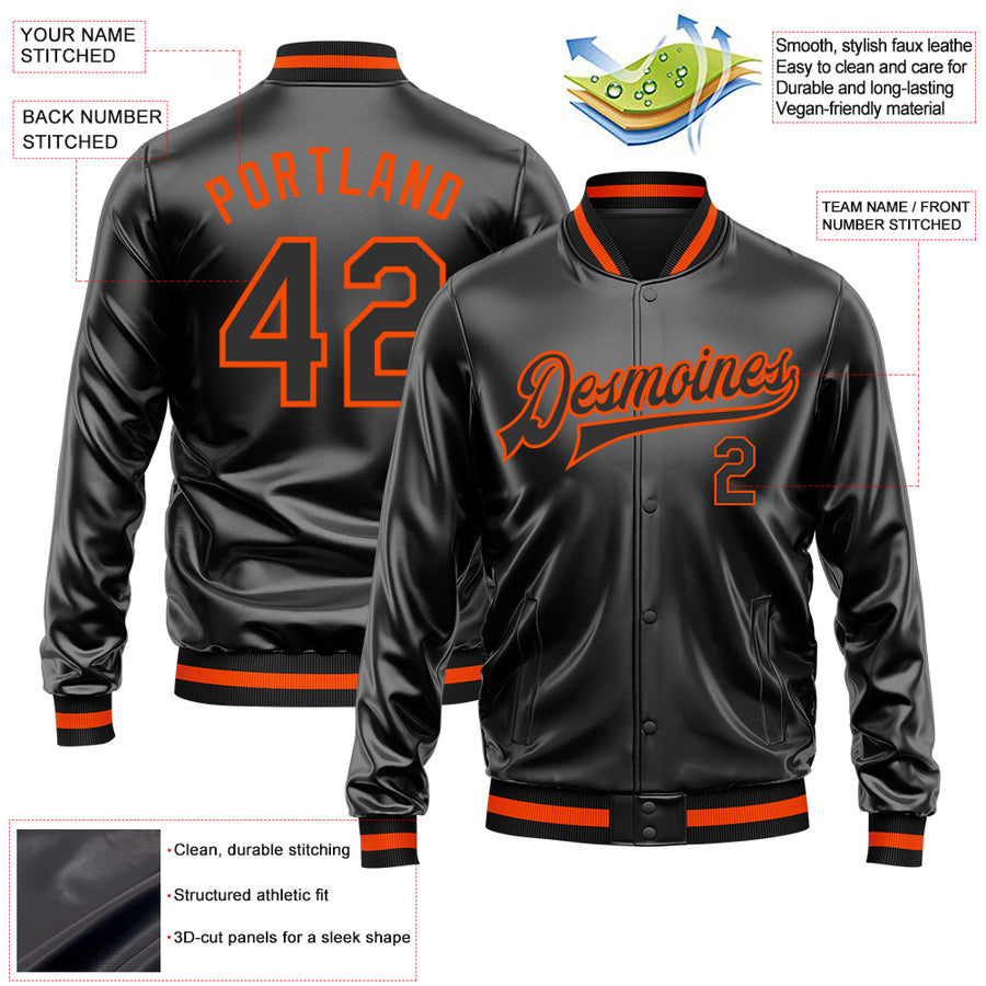 Custom Black Black-Orange Bomber Full-Snap Varsity Faux Leather Letterman Jacket