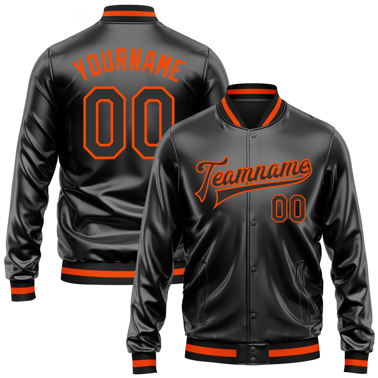 Custom Black Black-Orange Bomber Full-Snap Varsity Faux Leather Letterman Jacket