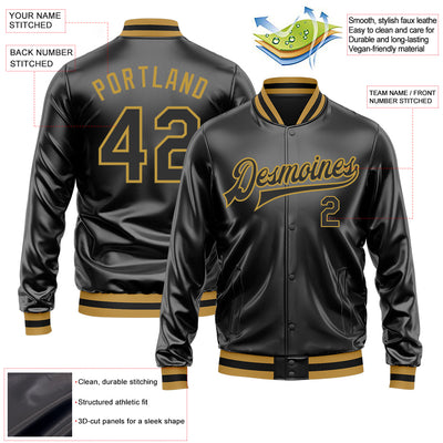 Custom Black Black-Old Gold Bomber Full-Snap Varsity Faux Leather Letterman Jacket