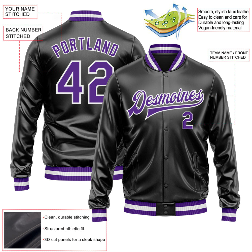Custom Black Purple-White Bomber Full-Snap Varsity Faux Leather Letterman Jacket