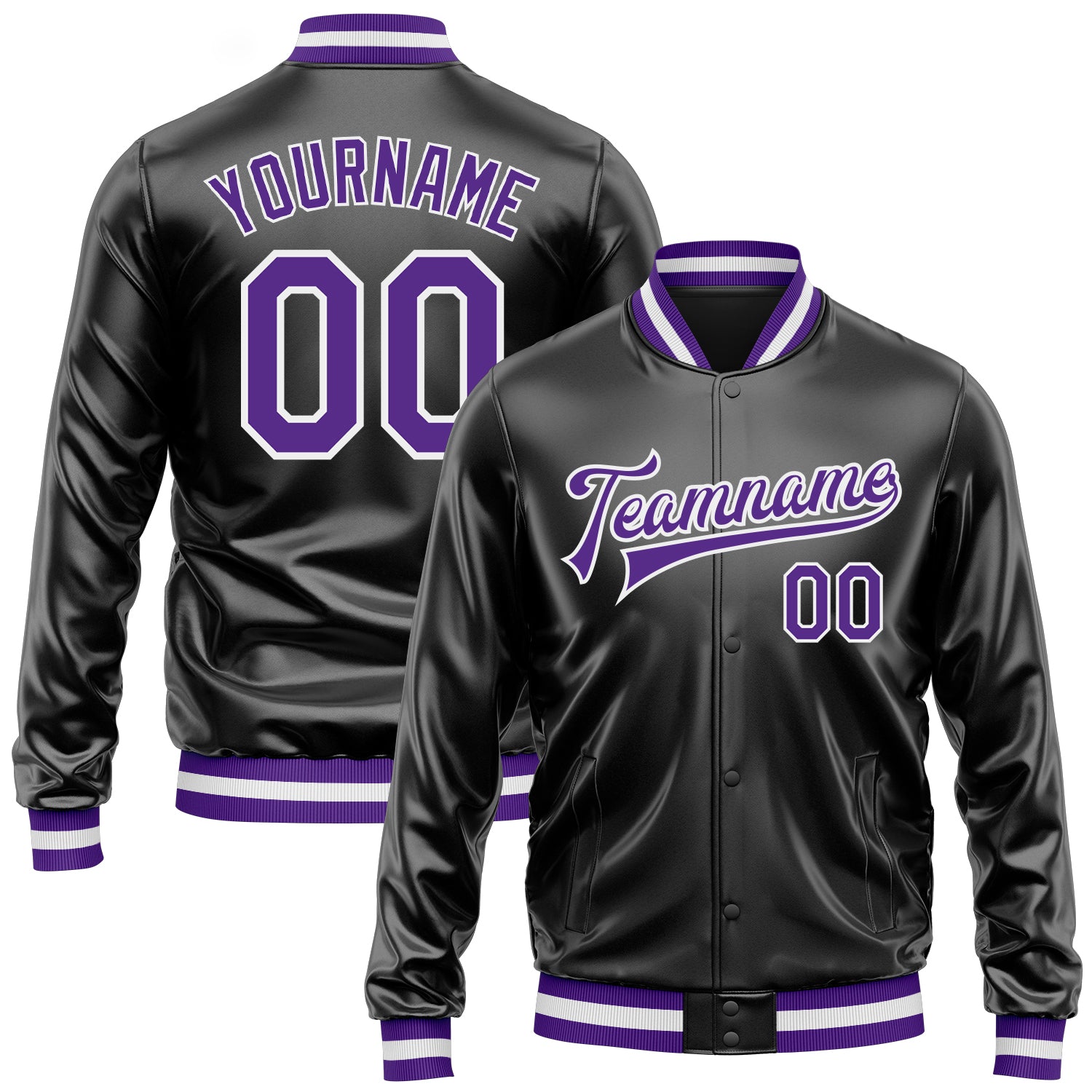 Custom Black Purple-White Bomber Full-Snap Varsity Faux Leather Letterman Jacket