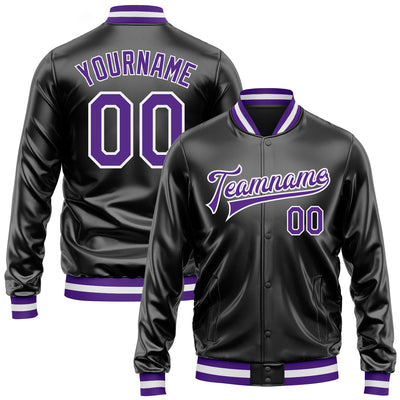 Custom Black Purple-White Bomber Full-Snap Varsity Faux Leather Letterman Jacket