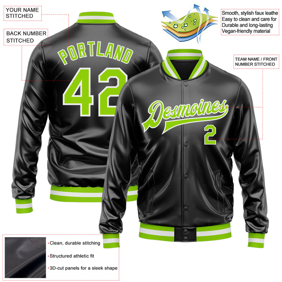 Custom Black Neon Green-White Bomber Full-Snap Varsity Faux Leather Letterman Jacket