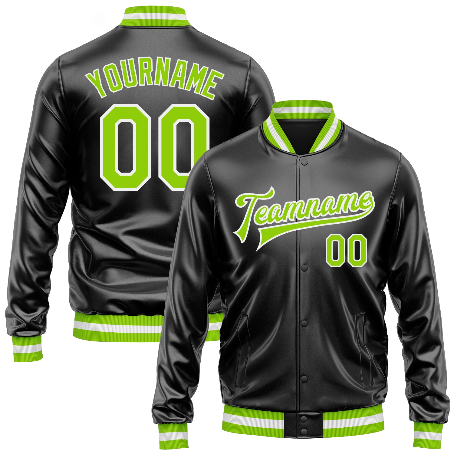 Custom Black Neon Green-White Bomber Full-Snap Varsity Faux Leather Letterman Jacket