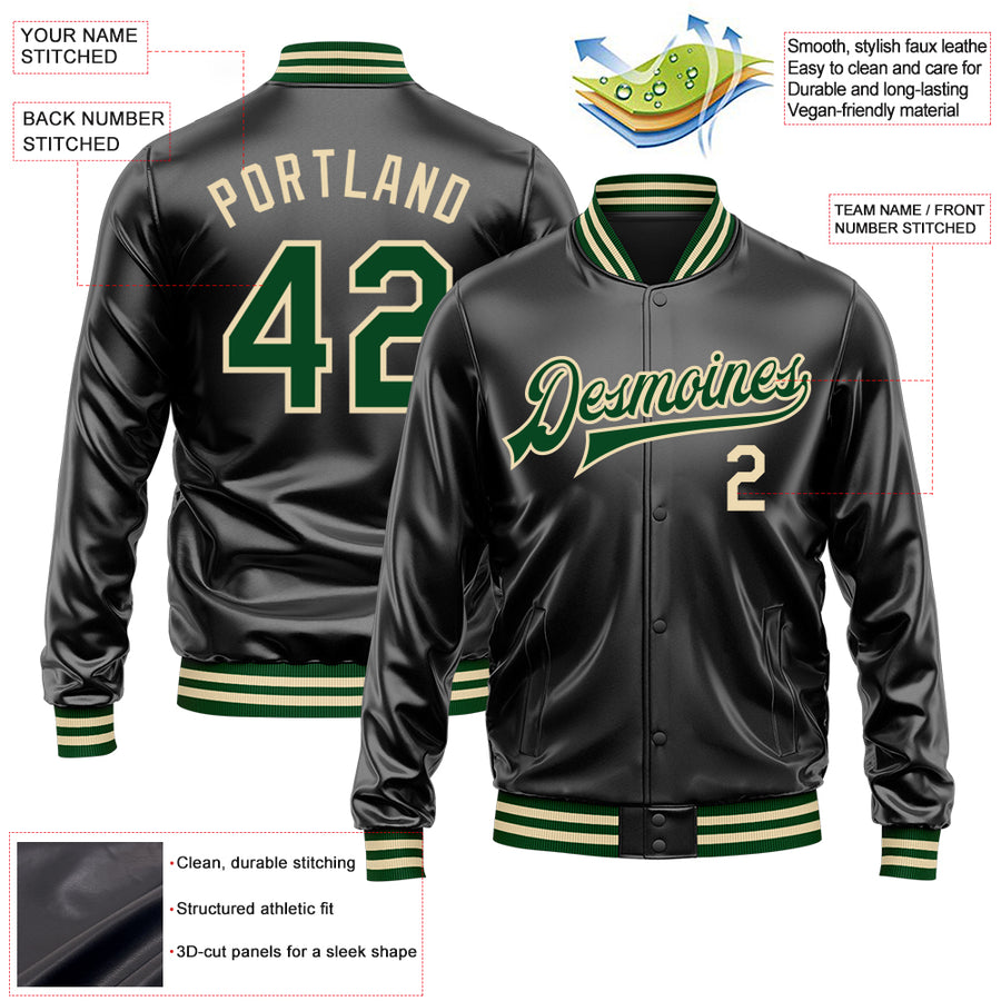 Custom Black Green-Cream Bomber Full-Snap Varsity Faux Leather Letterman Jacket