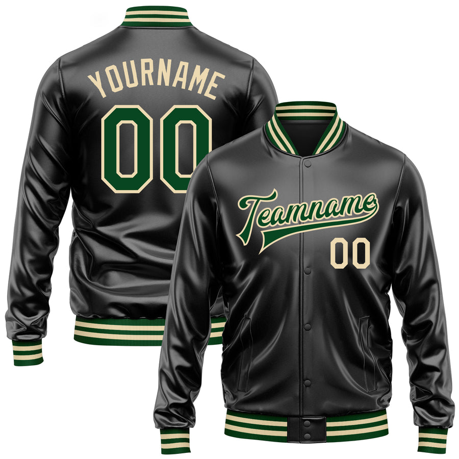 Custom Black Green-Cream Bomber Full-Snap Varsity Faux Leather Letterman Jacket