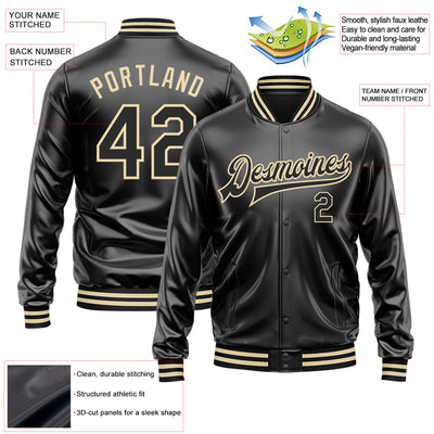 Custom Black Black-Cream Bomber Full-Snap Varsity Faux Leather Letterman Jacket