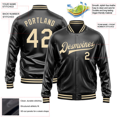 Custom Black Cream Bomber Full-Snap Varsity Faux Leather Letterman Jacket