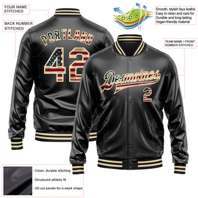 Custom Black Vintage USA Flag-Cream Bomber Full-Snap Varsity Faux Leather Letterman Jacket