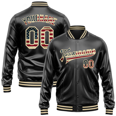 Custom Black Vintage USA Flag-Cream Bomber Full-Snap Varsity Faux Leather Letterman Jacket