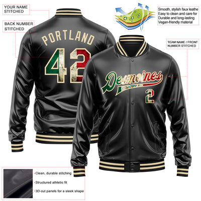 Custom Black Vintage Mexican Flag-Cream Bomber Full-Snap Varsity Faux Leather Letterman Jacket