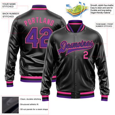 Custom Black Purple-Pink Bomber Full-Snap Varsity Faux Leather Letterman Jacket