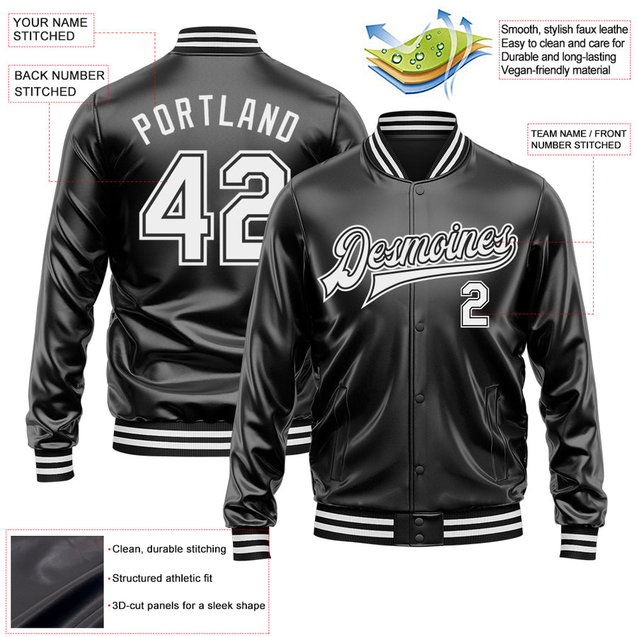 Custom Black White-Black Bomber Full-Snap Varsity Faux Leather Letterman Jacket