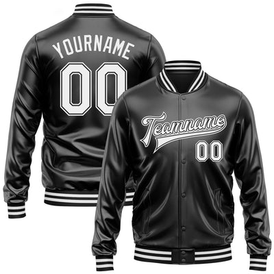 Custom Black White-Black Bomber Full-Snap Varsity Faux Leather Letterman Jacket