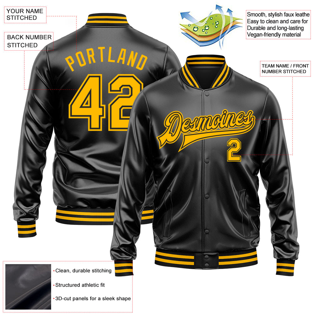 Custom Black Gold-Black Bomber Full-Snap Varsity Faux Leather Letterman Jacket