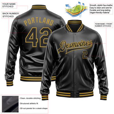 Custom Black Black-Old Gold Bomber Full-Snap Varsity Faux Leather Letterman Jacket