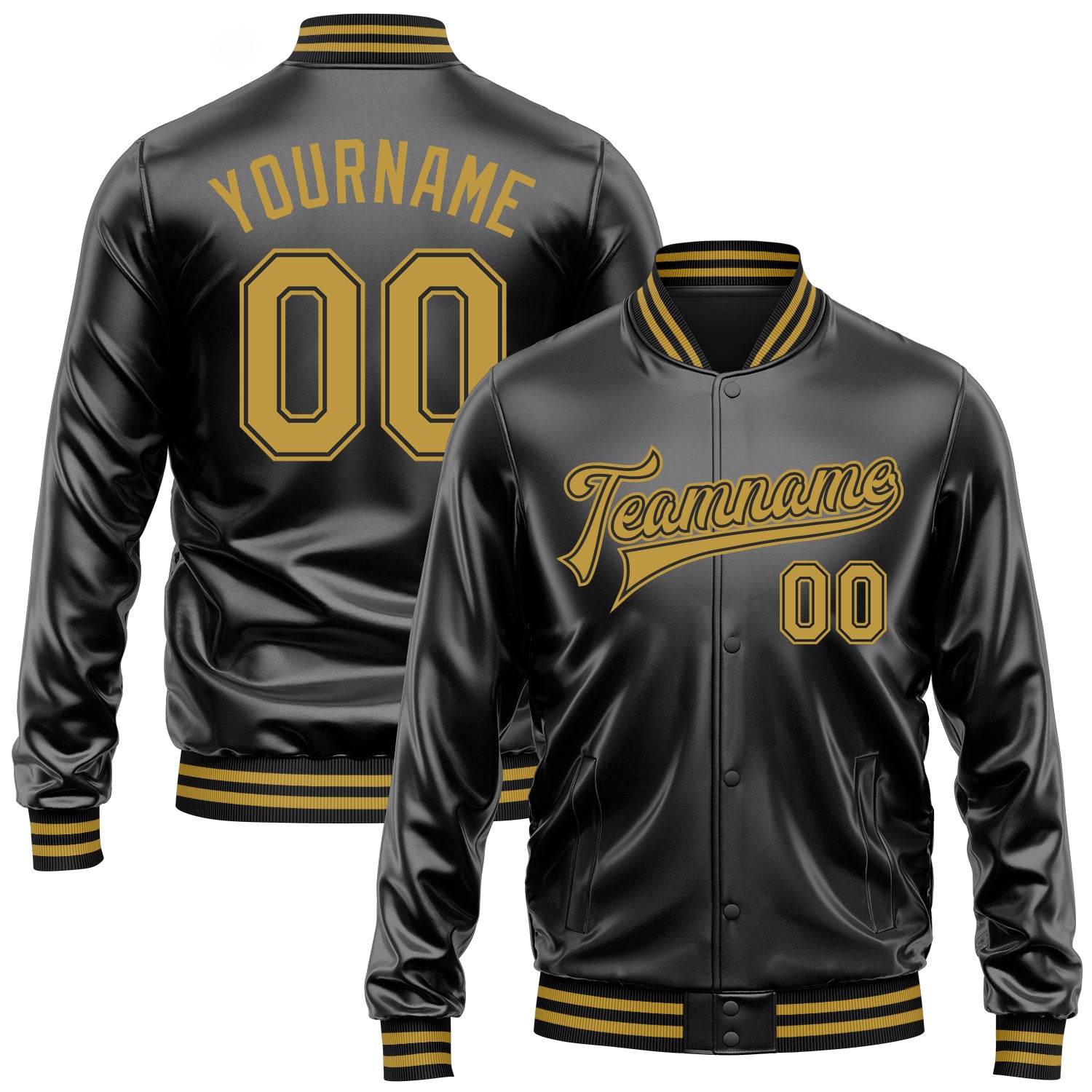 Custom Black Old Gold-Black Bomber Full-Snap Varsity Faux Leather Letterman Jacket
