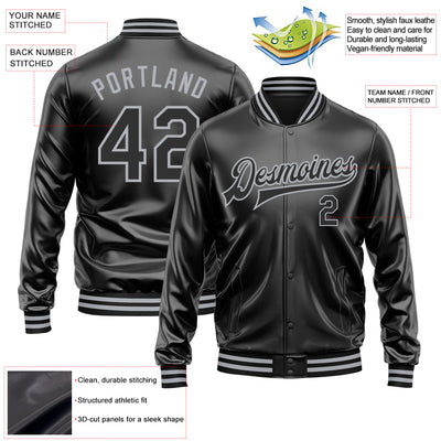 Custom Black Black-Gray Bomber Full-Snap Varsity Faux Leather Letterman Jacket