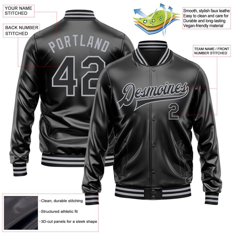 Custom Black Black-Gray Bomber Full-Snap Varsity Faux Leather Letterman Jacket