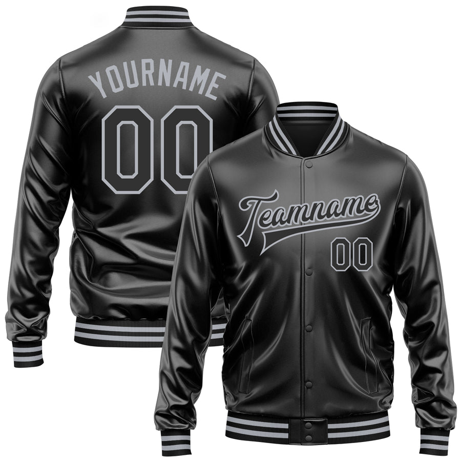 Custom Black Black-Gray Bomber Full-Snap Varsity Faux Leather Letterman Jacket