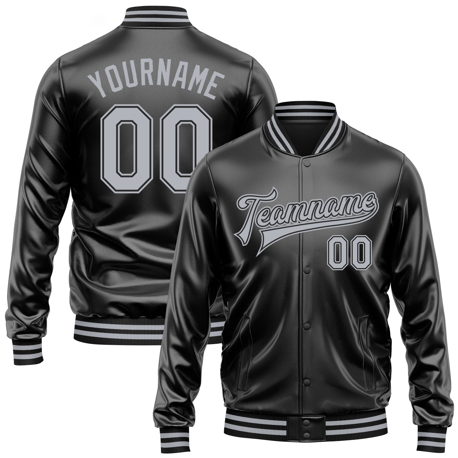 Custom Black Gray-Black Bomber Full-Snap Varsity Faux Leather Letterman Jacket