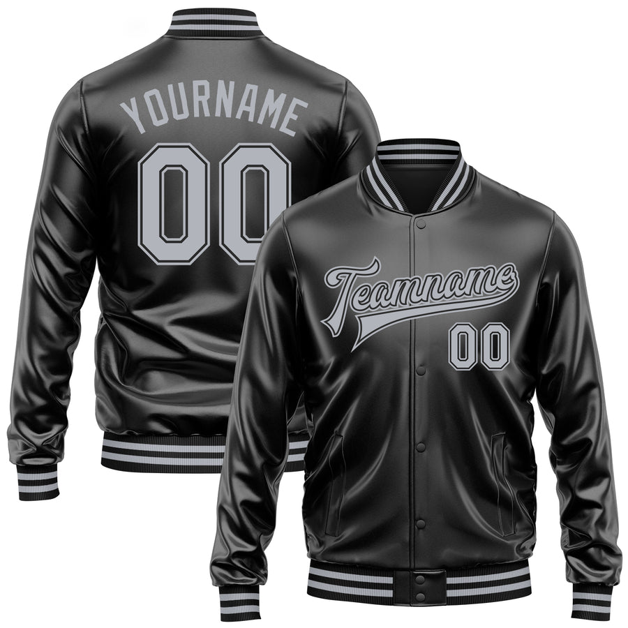 Custom Black Gray-Black Bomber Full-Snap Varsity Faux Leather Letterman Jacket