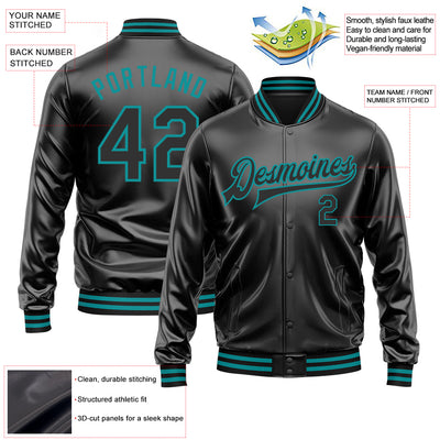 Custom Black Black-Teal Bomber Full-Snap Varsity Faux Leather Letterman Jacket
