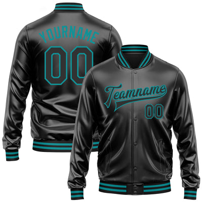 Custom Black Black-Teal Bomber Full-Snap Varsity Faux Leather Letterman Jacket