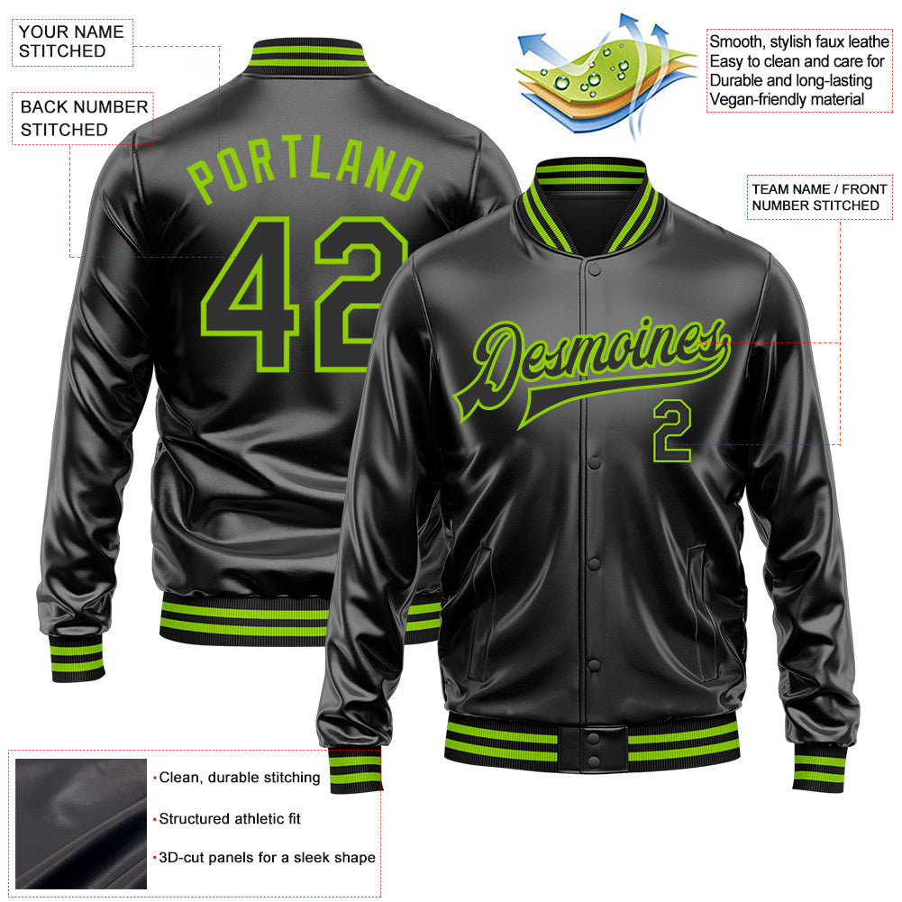 Custom Black Black-Neon Green Bomber Full-Snap Varsity Faux Leather Letterman Jacket