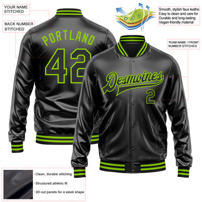 Custom Black Black-Neon Green Bomber Full-Snap Varsity Faux Leather Letterman Jacket