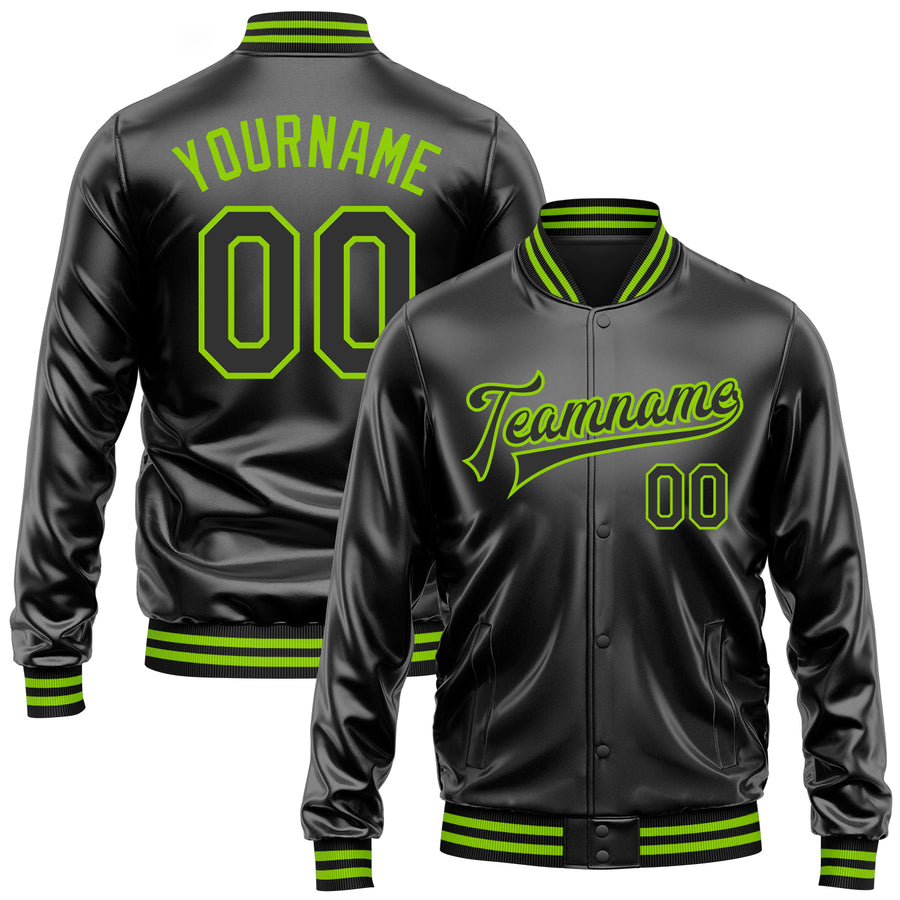 Custom Black Black-Neon Green Bomber Full-Snap Varsity Faux Leather Letterman Jacket