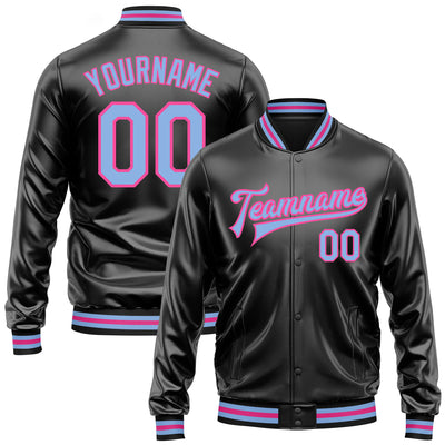 Custom Black Light Blue-Pink Bomber Full-Snap Varsity Faux Leather Letterman Jacket