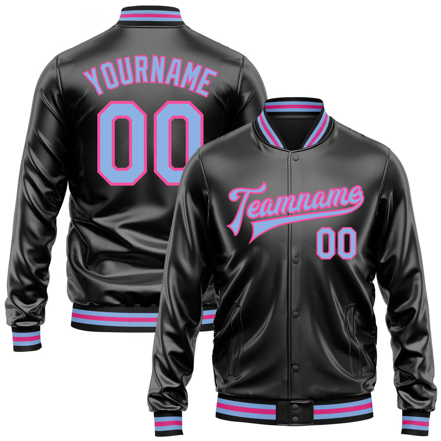Custom Black Light Blue-Pink Bomber Full-Snap Varsity Faux Leather Letterman Jacket