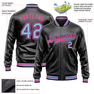 Custom Black Light Blue-Pink Bomber Full-Snap Varsity Faux Leather Letterman Jacket