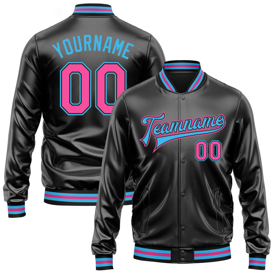 Custom Black Pink-Sky Blue Bomber Full-Snap Varsity Faux Leather Letterman Jacket