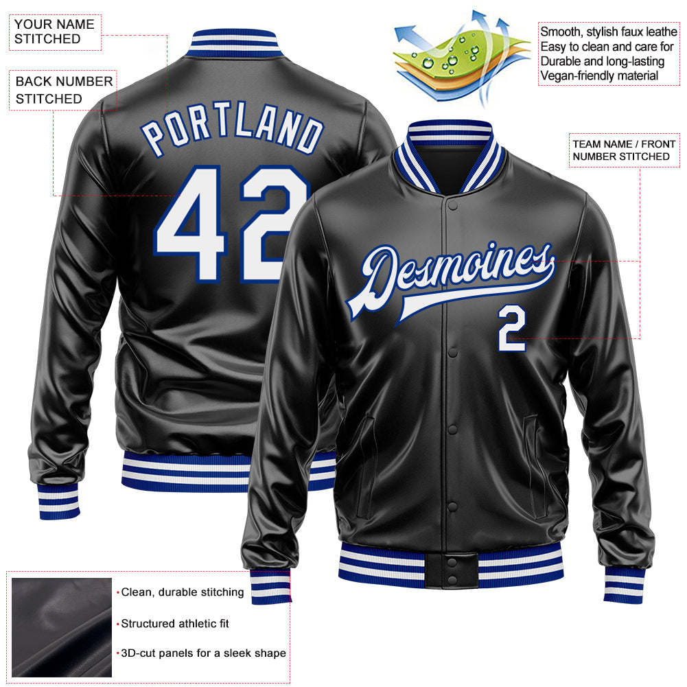 Custom Black White-Royal Bomber Full-Snap Varsity Faux Leather Letterman Jacket