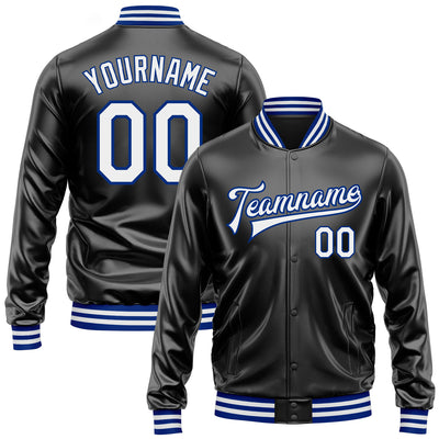 Custom Black White-Royal Bomber Full-Snap Varsity Faux Leather Letterman Jacket
