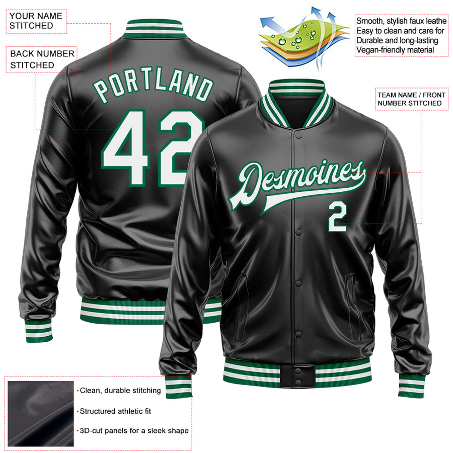 Custom Black White-Kelly Green Bomber Full-Snap Varsity Faux Leather Letterman Jacket