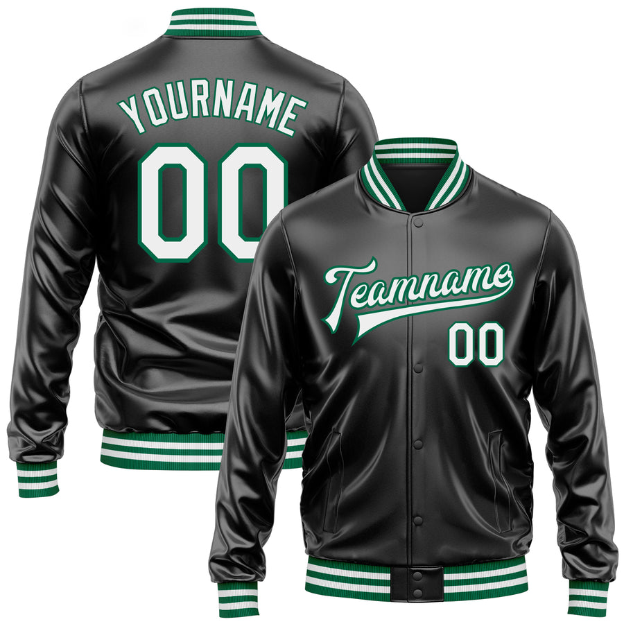 Custom Black White-Kelly Green Bomber Full-Snap Varsity Faux Leather Letterman Jacket
