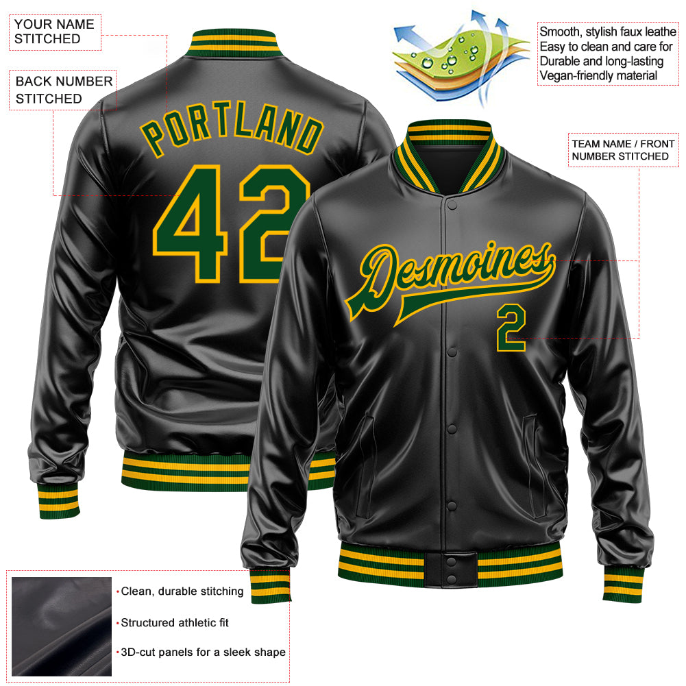 Custom Black Green-Gold Bomber Full-Snap Varsity Faux Leather Letterman Jacket