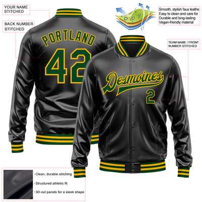 Custom Black Green-Gold Bomber Full-Snap Varsity Faux Leather Letterman Jacket
