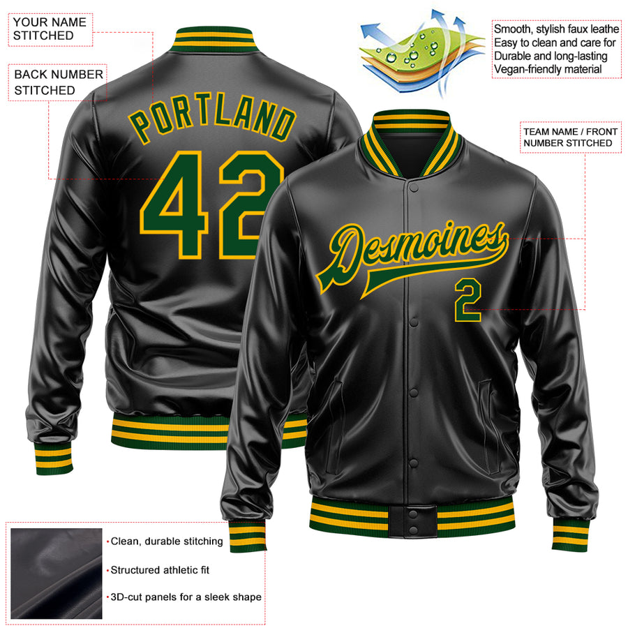 Custom Black Green-Gold Bomber Full-Snap Varsity Faux Leather Letterman Jacket