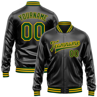 Custom Black Green-Gold Bomber Full-Snap Varsity Faux Leather Letterman Jacket