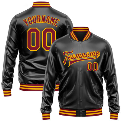 Custom Black Crimson-Gold Bomber Full-Snap Varsity Faux Leather Letterman Jacket