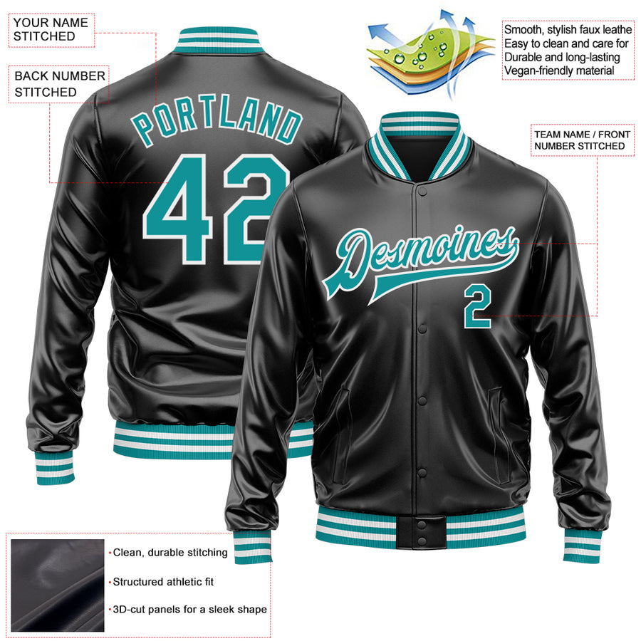 Custom Black Teal-White Bomber Full-Snap Varsity Faux Leather Letterman Jacket